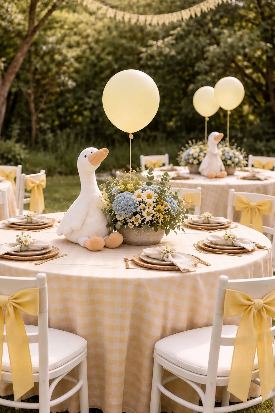 Round garden table with yellow gingham linen, a daisy and hydrangea centerpiece, a plush goose and pale yellow balloons