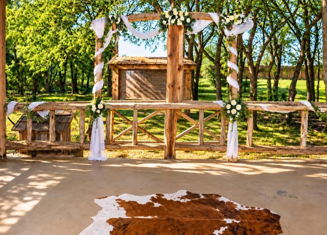 Rustic outdoor wedding arch with white fabric and white roses over a cowhide rug