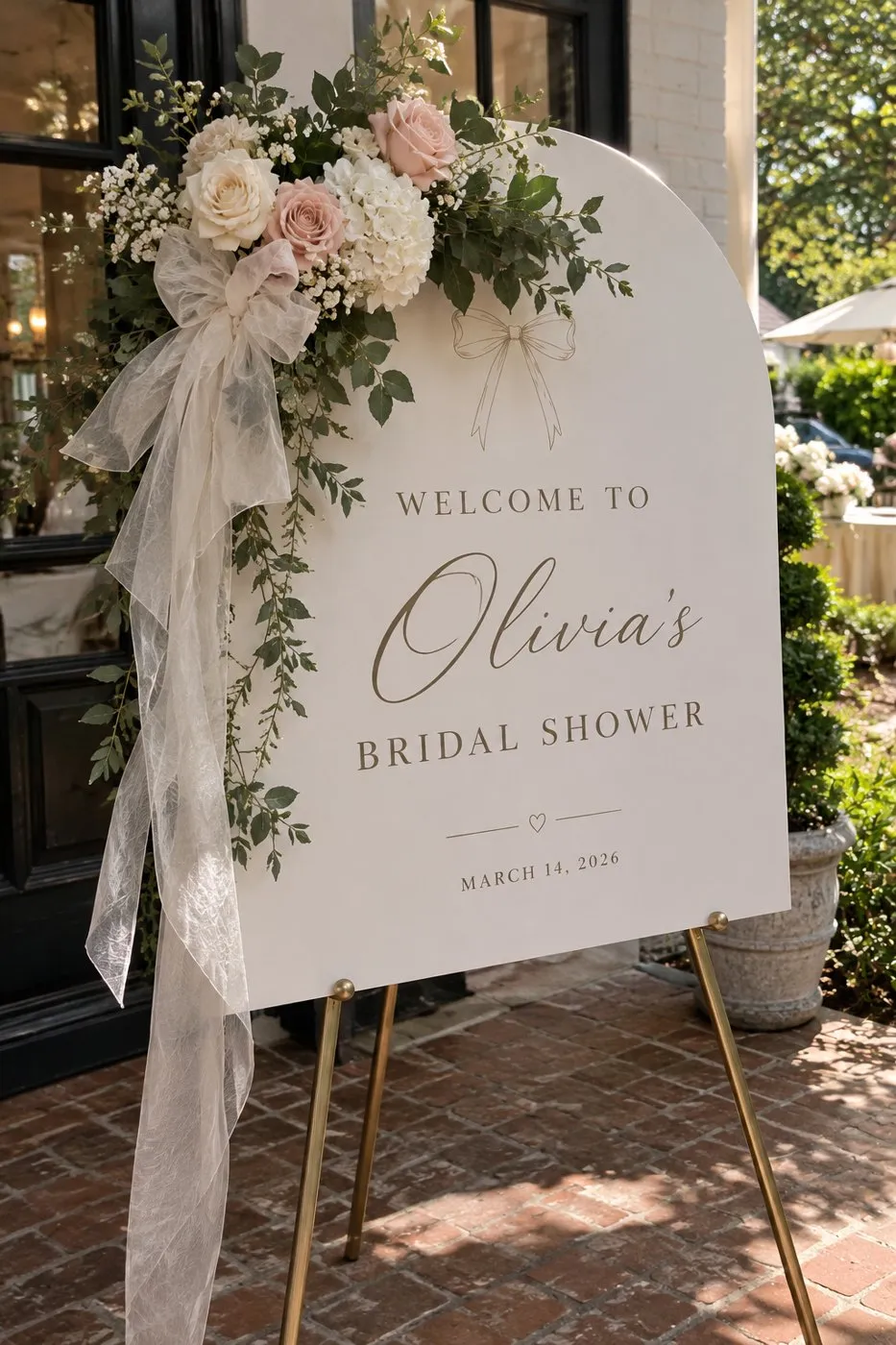 Arched bridal shower welcome sign with blush and cream roses, a sheer ribbon bow and a brass easel