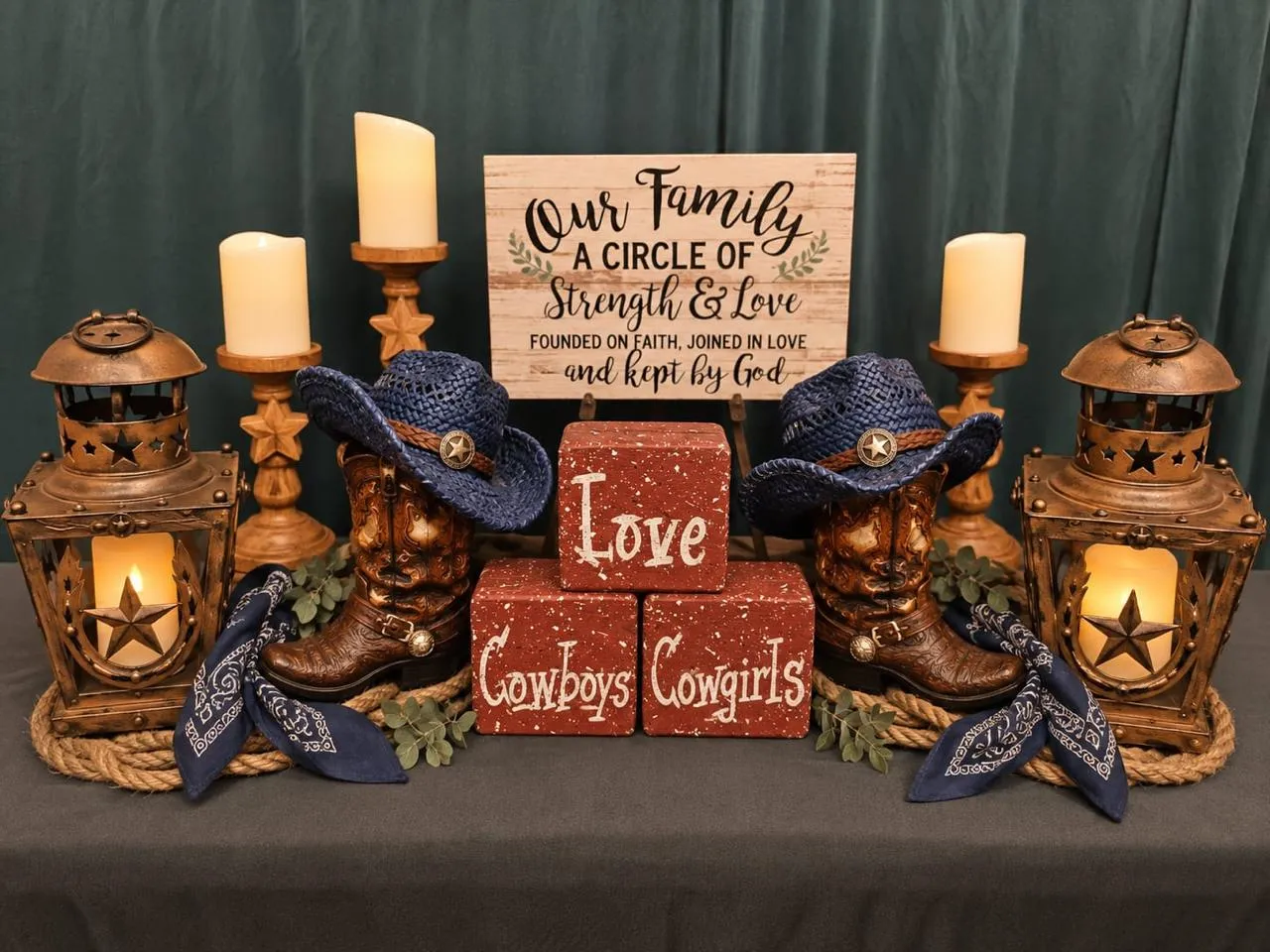 Western tablescape with lanterns, boots, hats and a Cowboys Cowgirls sign