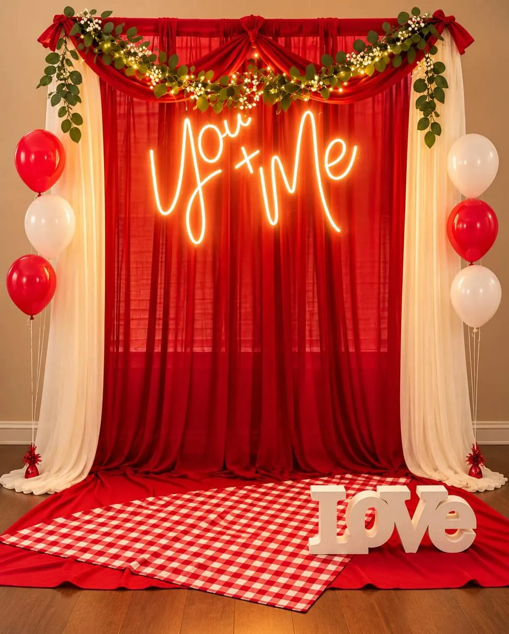 Red curtain backdrop with a neon You and Me sign, balloons and a checkered blanket
