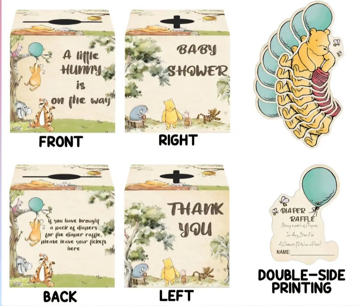 Winnie the Pooh diaper raffle box shown on all four sides, with matching Pooh and balloon raffle tickets