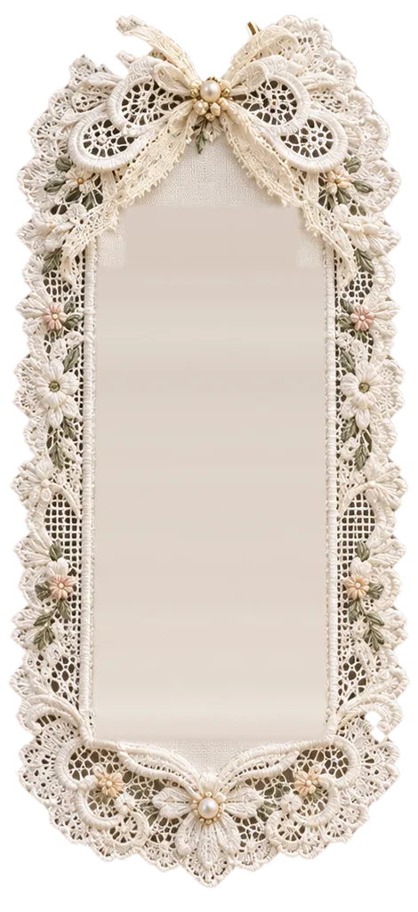 Lace-trimmed package tag with a ribbon bow