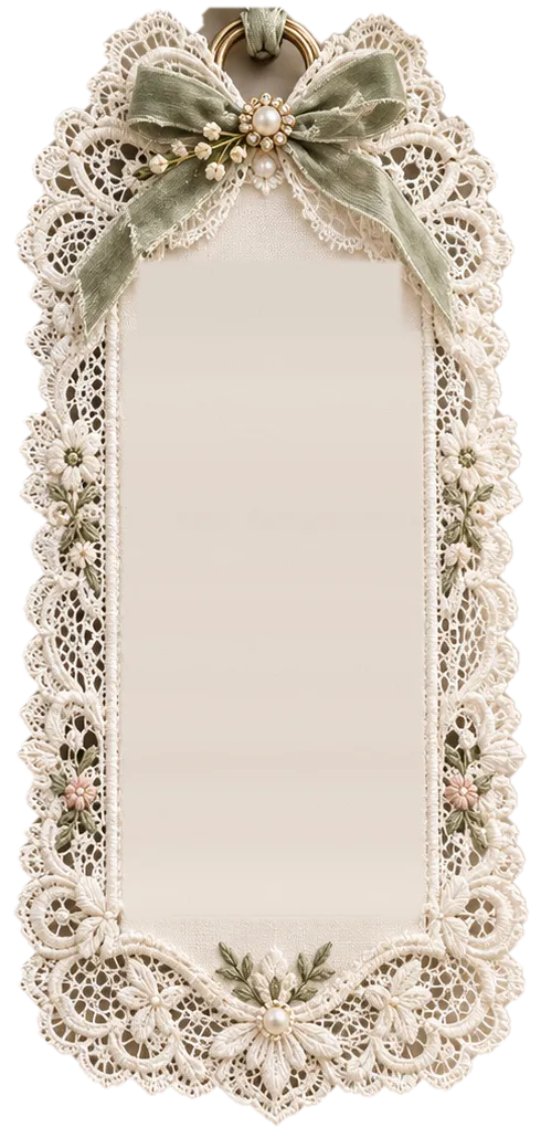 Lace-trimmed package tag with a ribbon bow