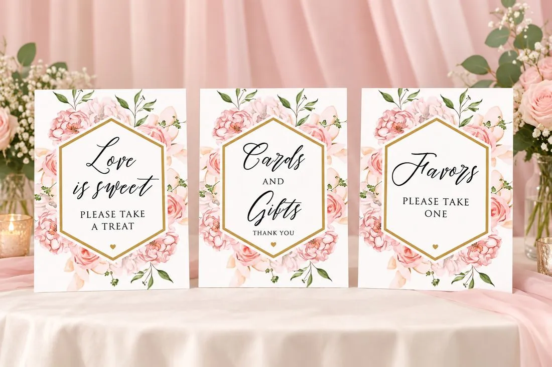 Three floral table signs reading Love is Sweet, Cards and Gifts and Favors
