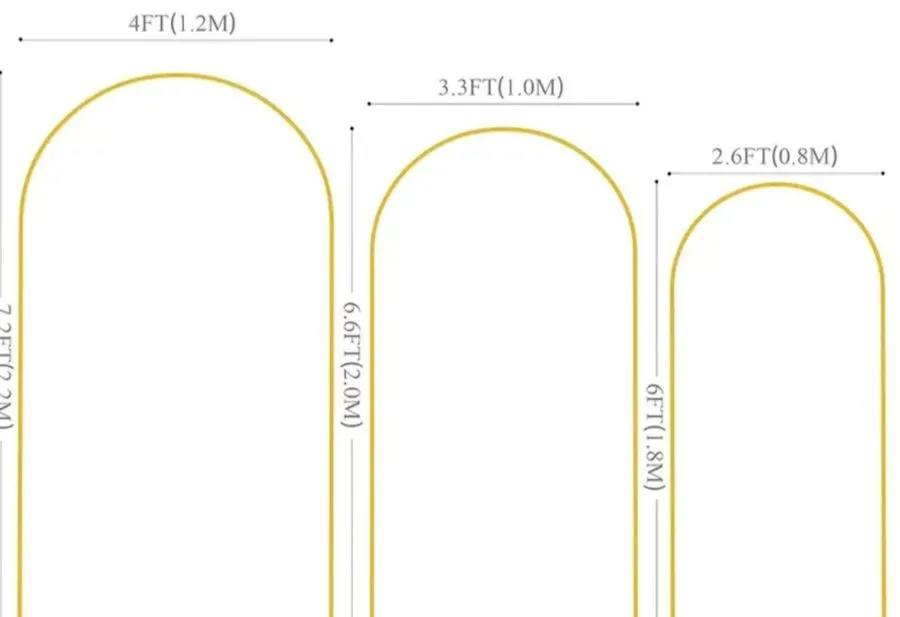 Diagram of three gold arch frames in different sizes