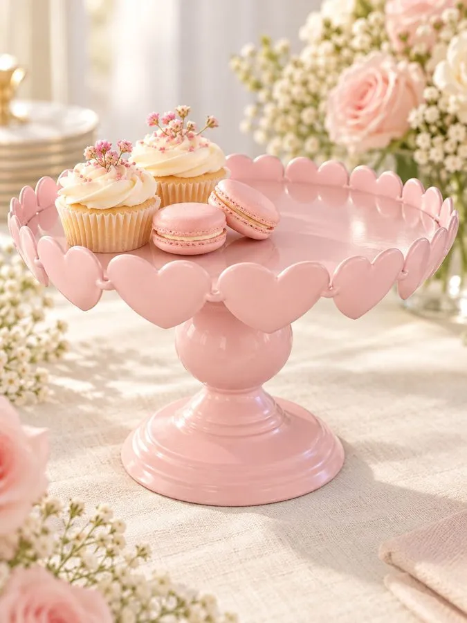 Blush pink heart-rimmed pedestal stand with cupcakes