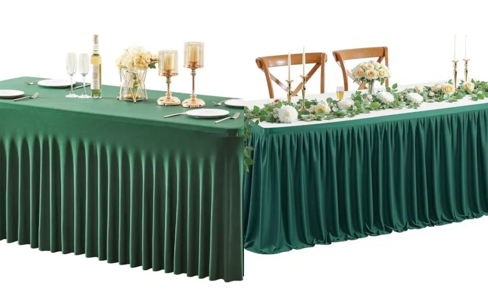 Hunter green table cover & pleated skirt