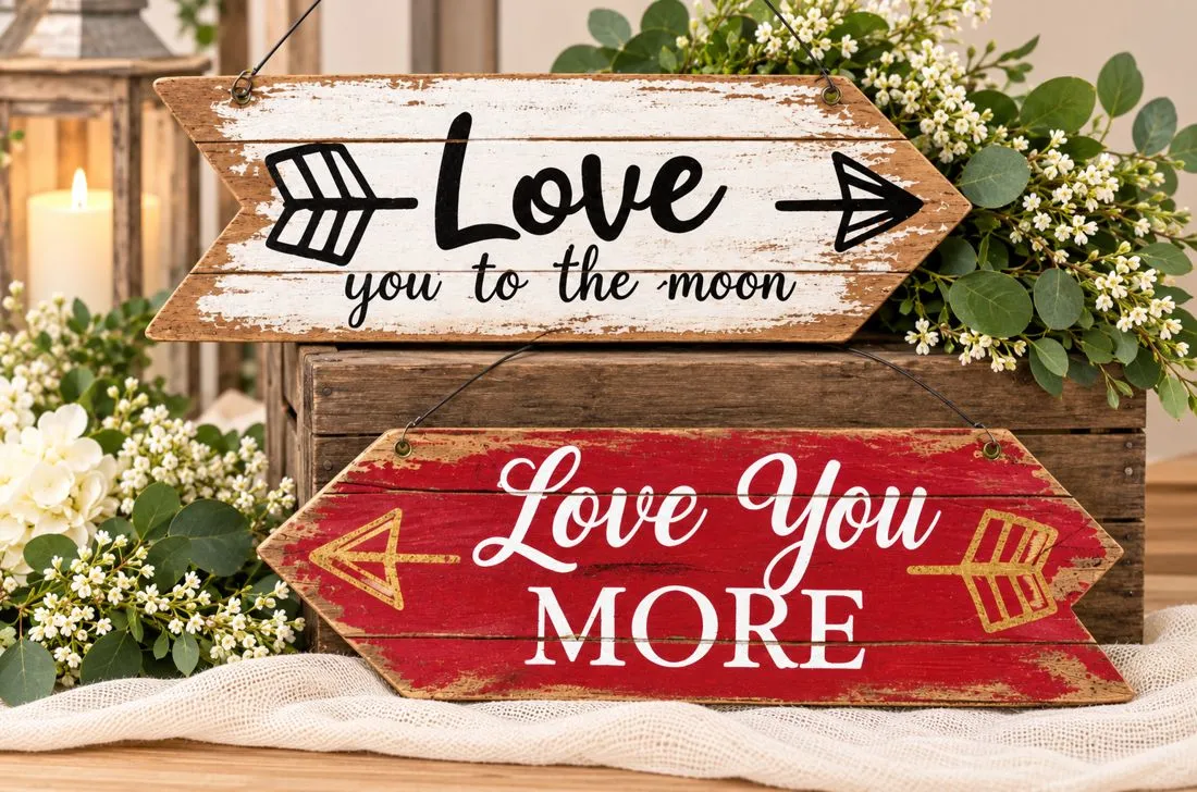 Two rustic arrow signs reading Love you to the moon and Love You More