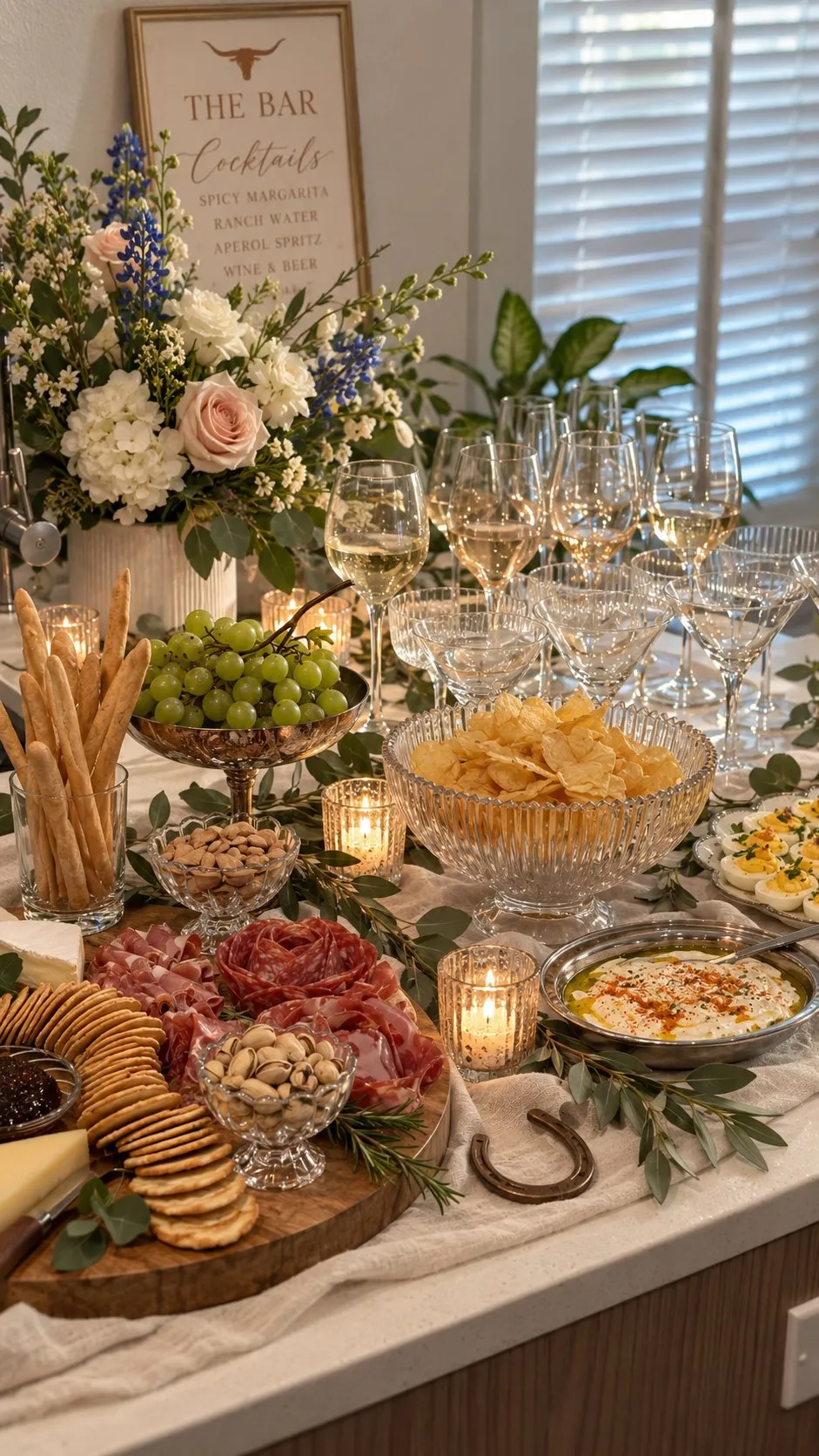 Styled party table with a floral arrangement, a cocktail sign, wine glasses, candles and a charcuterie and cracker board
