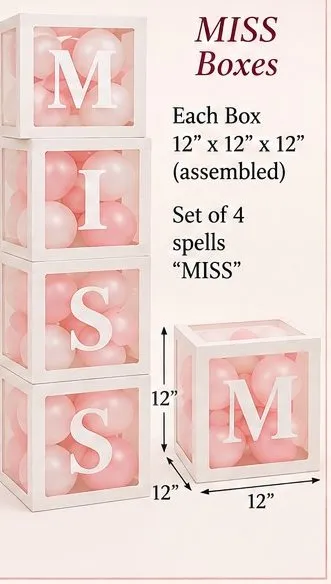 Four clear boxes with white letters M, I, S, S filled with pink balloons