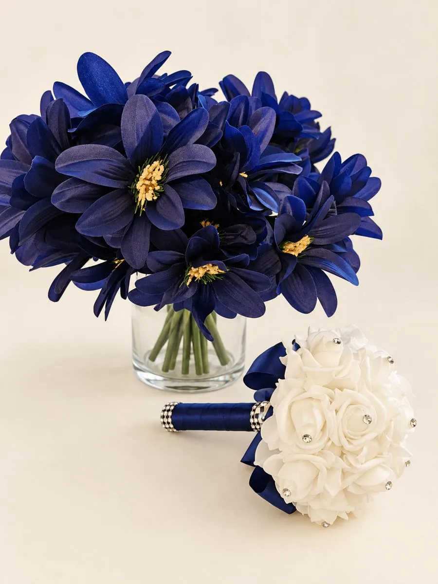 Navy blooms in vase & white rose bouquet