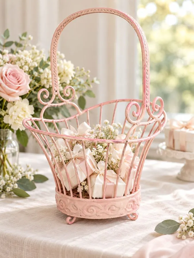 Blush pink wire basket with an arched handle