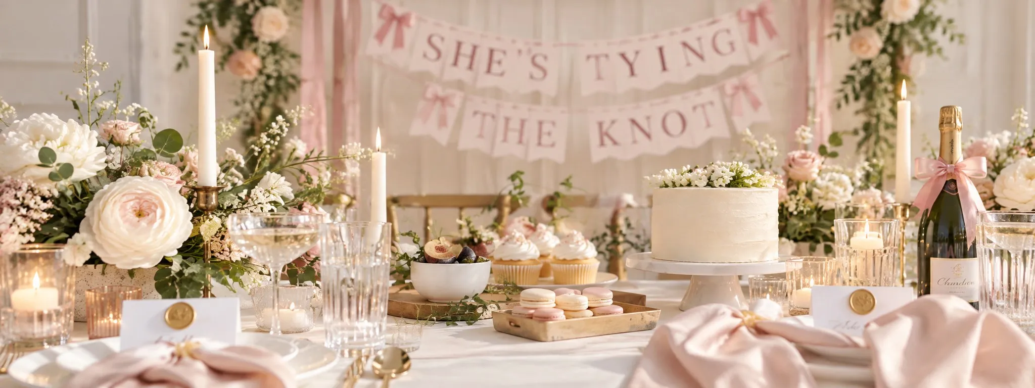Bridal shower table with pink and cream flowers, candles, a cake, macarons and a She's Tying the Knot banner