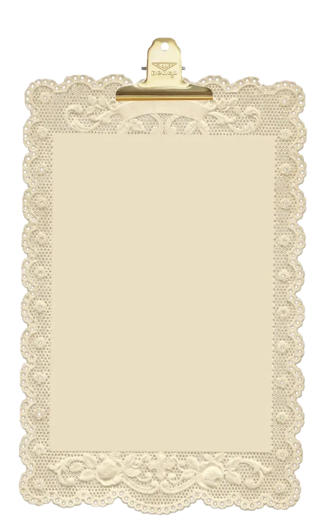 Lace-trimmed clipboard with a gold clip