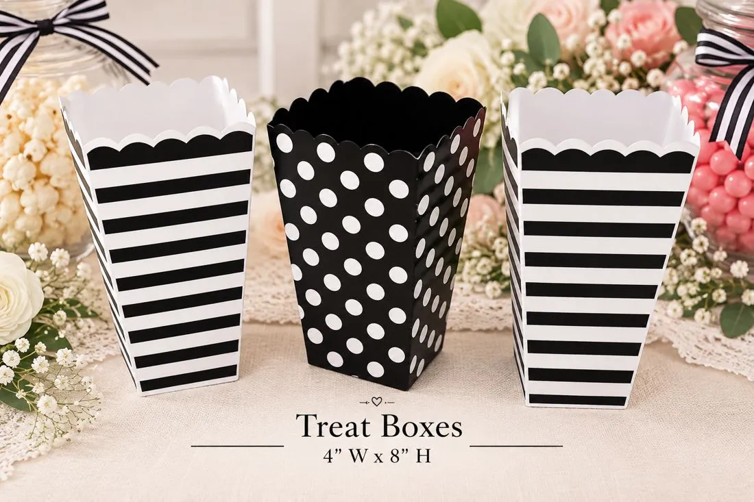 Three black and white treat boxes with stripes and polka dots