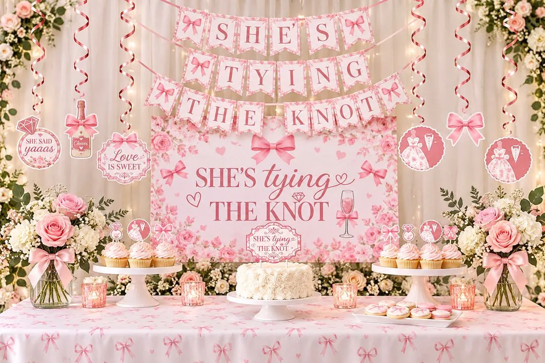 She's Tying the Knot banner and backdrop with a dessert table and florals