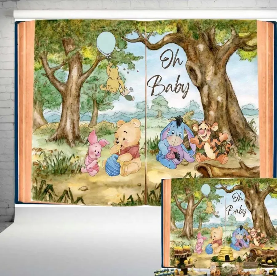 Oh Baby woodland photo backdrop with Winnie the Pooh characters